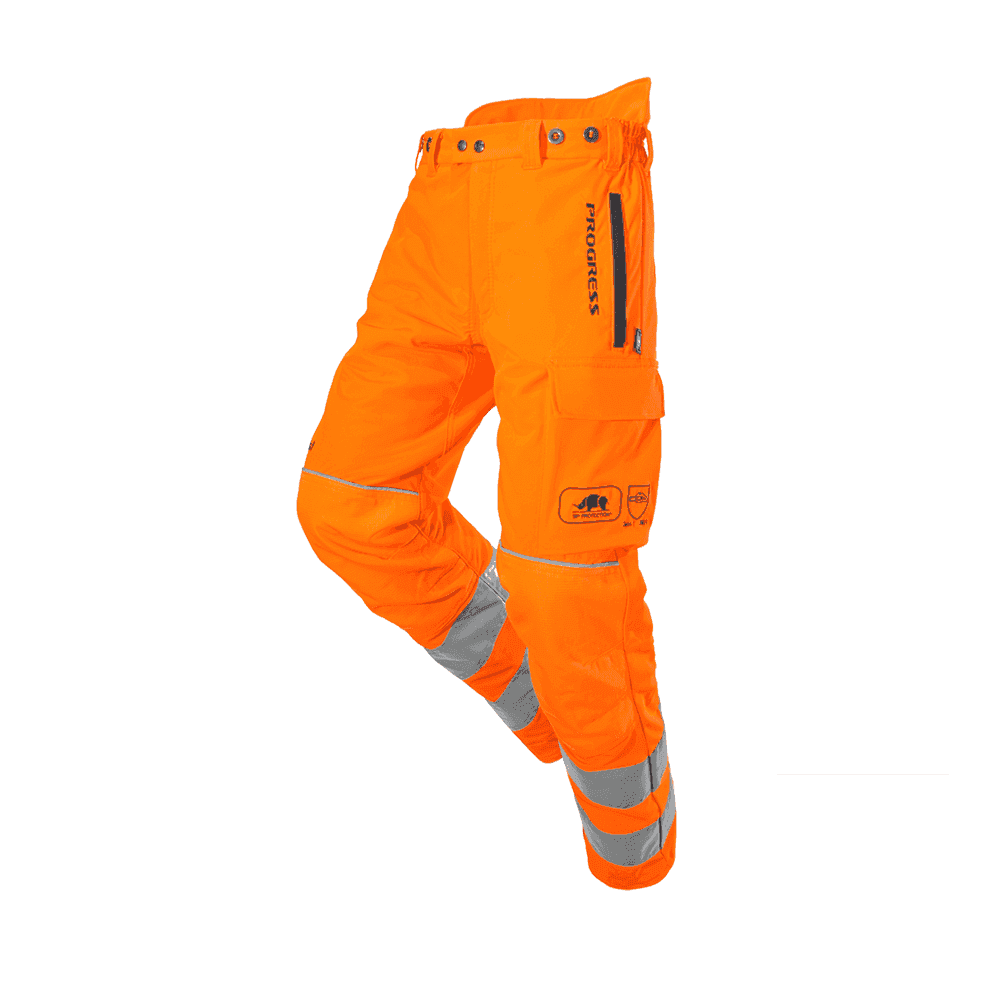 Hi-Visibility Arborist Rail Chainsaw Trousers in bright orange for tree surgeons, featuring reflective strips for safety.