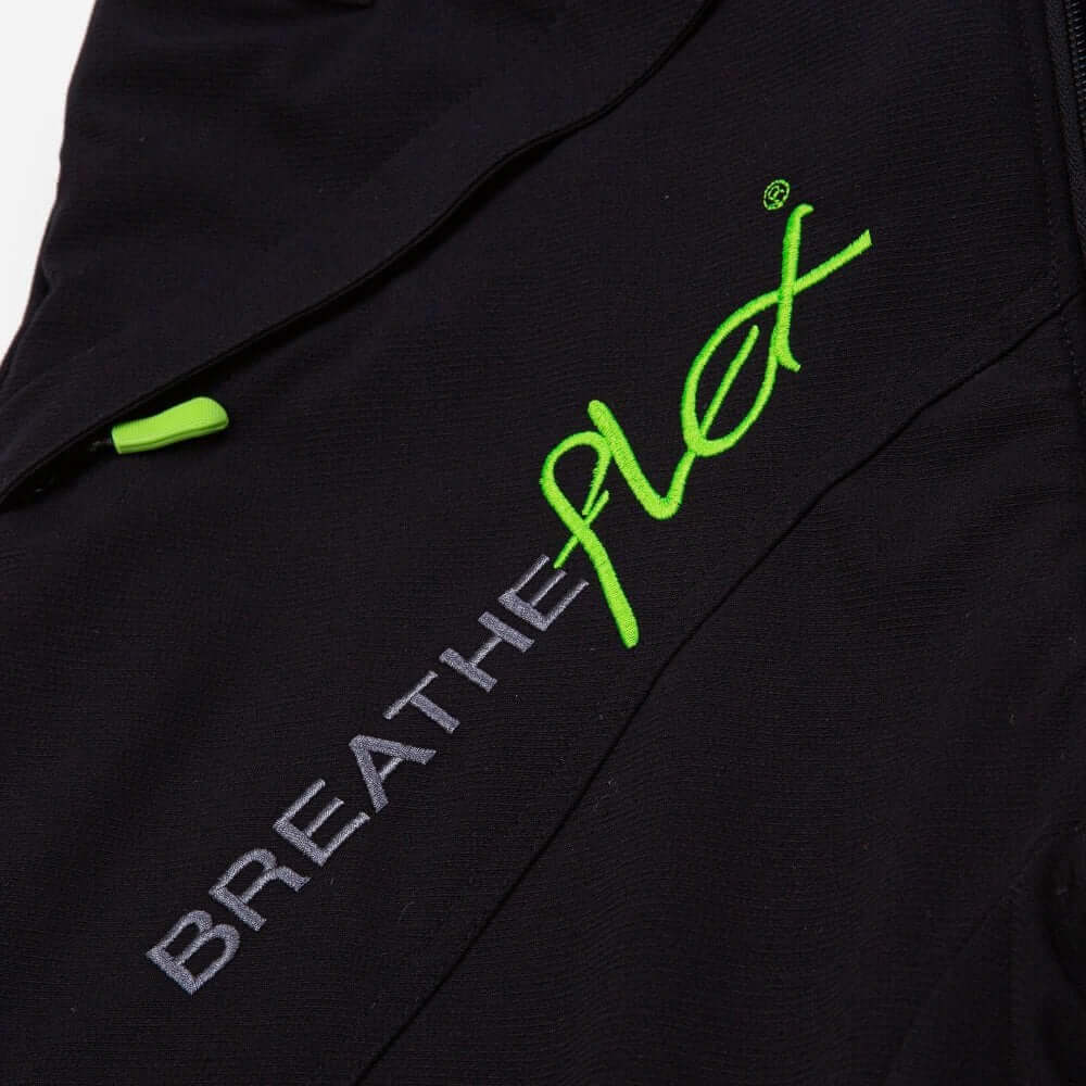 Close-up of Breatheflex logo on black chainsaw trousers, designed for tree surgeons with cut protection.