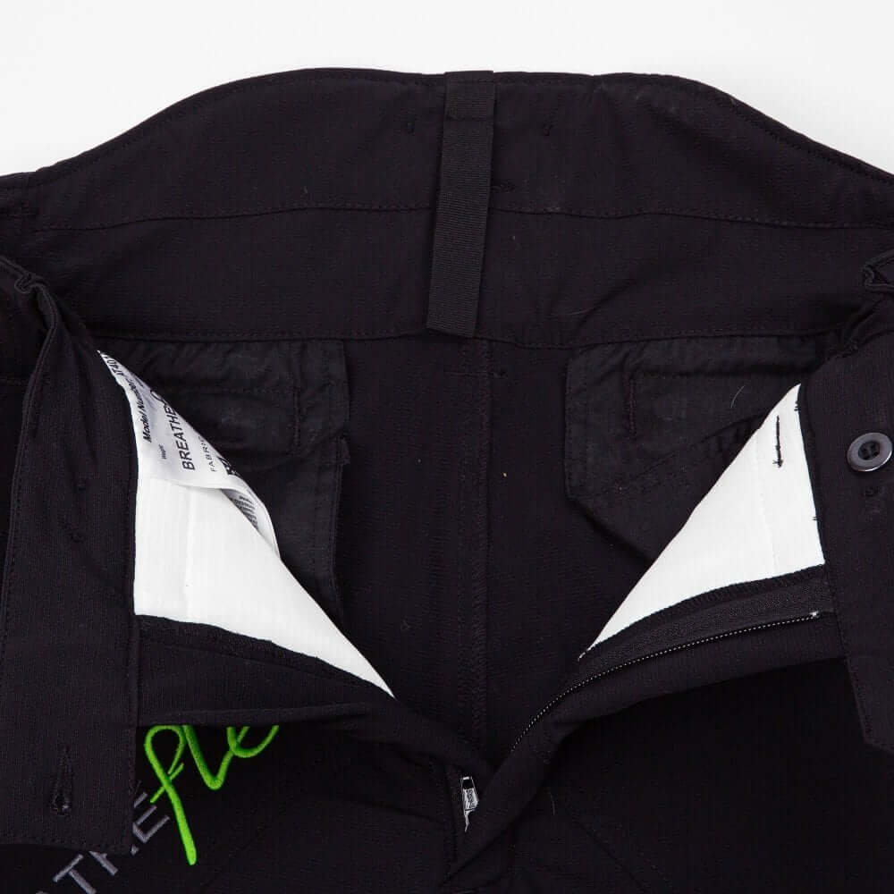 Interior view of Breatheflex Chainsaw Trousers Black Type C highlighting breathable material and zipper details for tree surgeons.