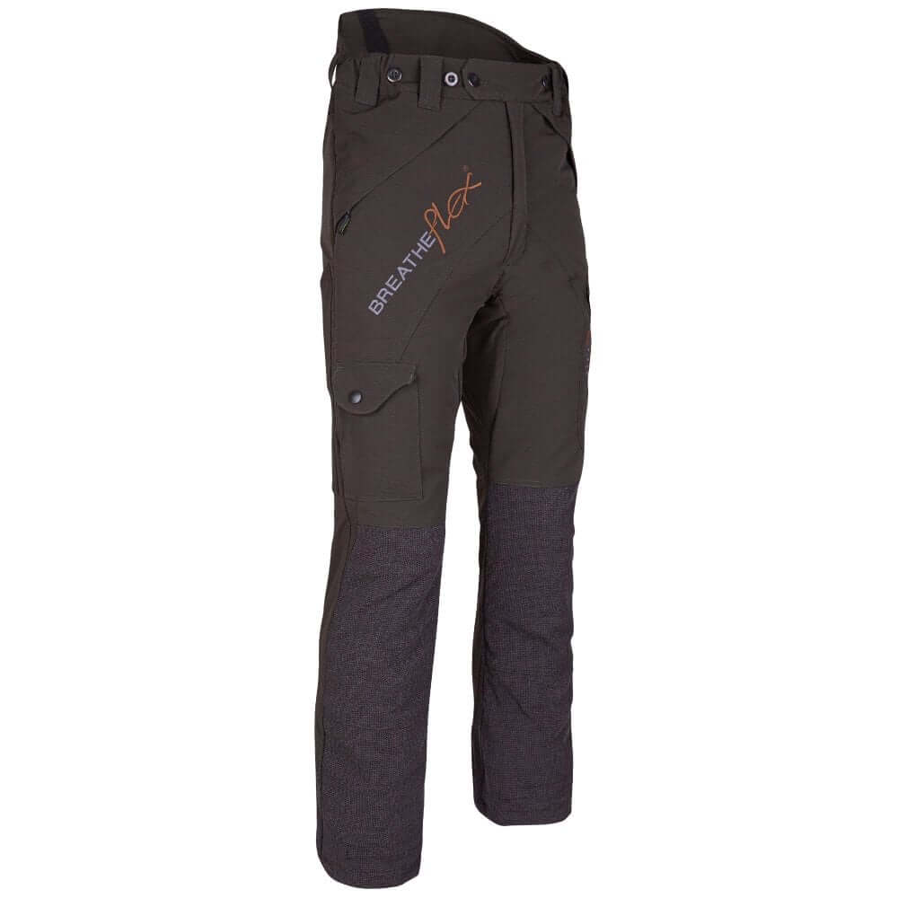 Arbortec Breatheflex Olive Chainsaw Trousers designed for tree surgeons, offering lightweight protection and maximum mobility.
