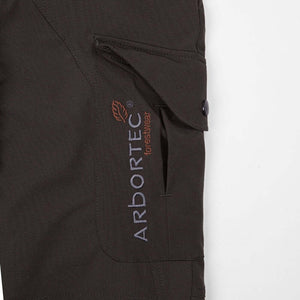 Detailed view of Arbortec Breatheflex Pro trousers featuring logo and pocket, designed for tree surgeons.