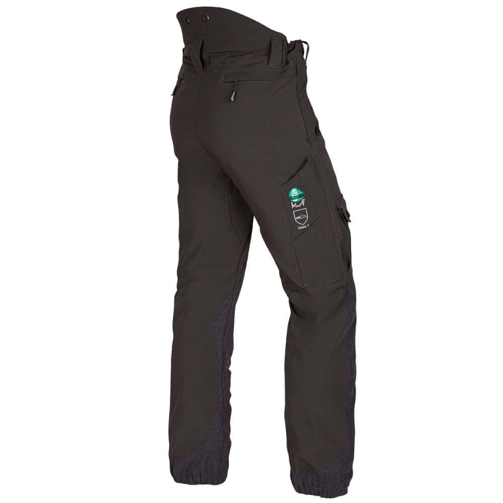 Back view of Arbortec Breatheflex Pro Olive Chainsaw Trousers, ideal for tree surgeons, offering mobility and protection.