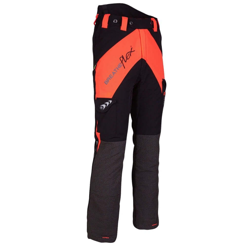 A pair of Breatheflex chainsaw trousers featuring orange and black color blocks with Kevlar reinforced areas and a Climasphere breathable fabric outer shell.