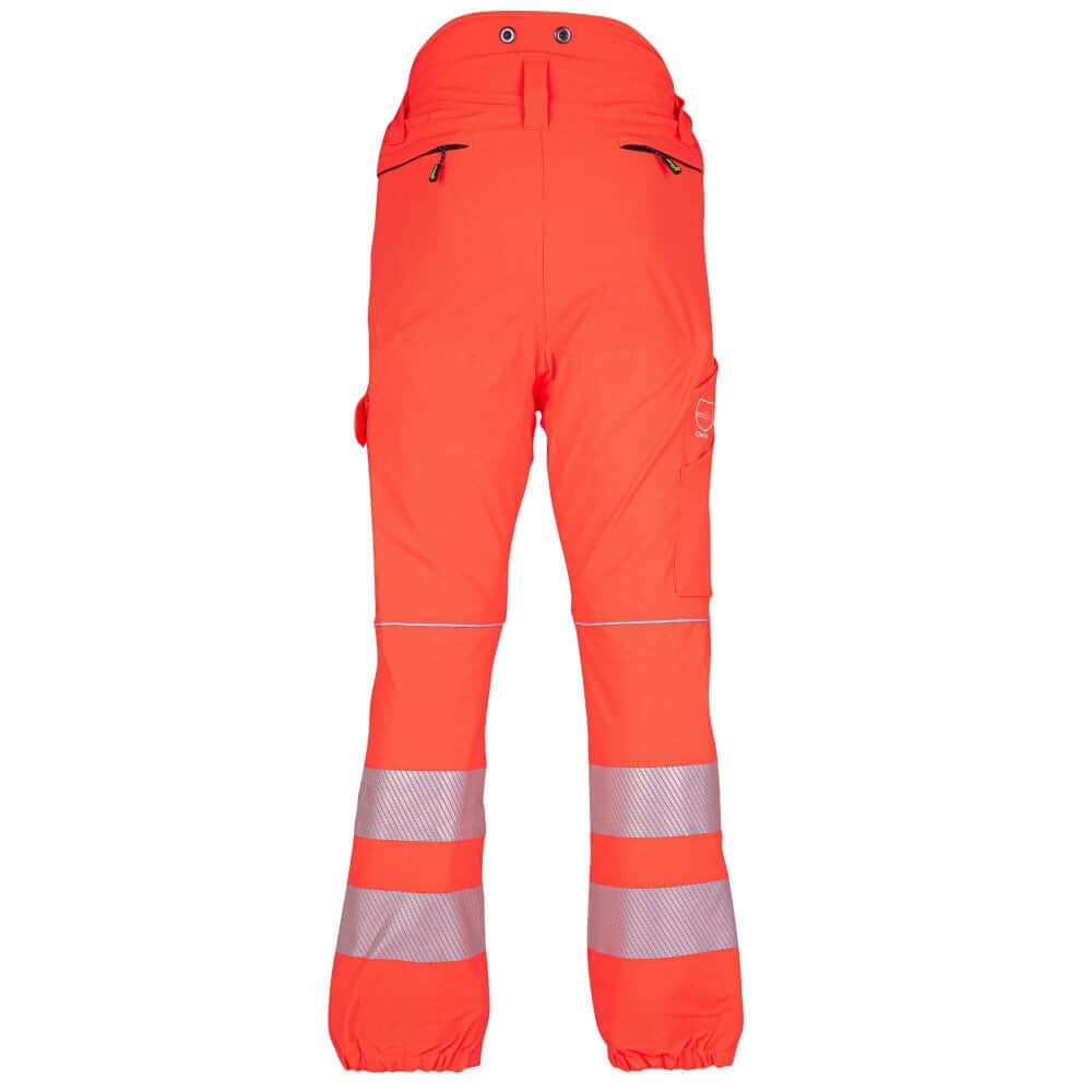 Hi-Vis orange Arbortec Breatheflex chainsaw trousers for tree surgeons, featuring reflective strips for safety.