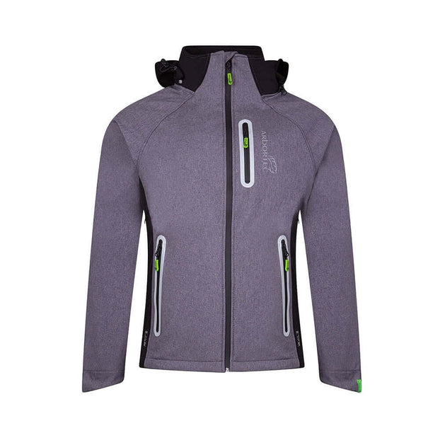 Arbortec Caiman Breathedry Softshell Jacket for tree surgeons, featuring removable hood, breathable fabric, and multiple pockets.