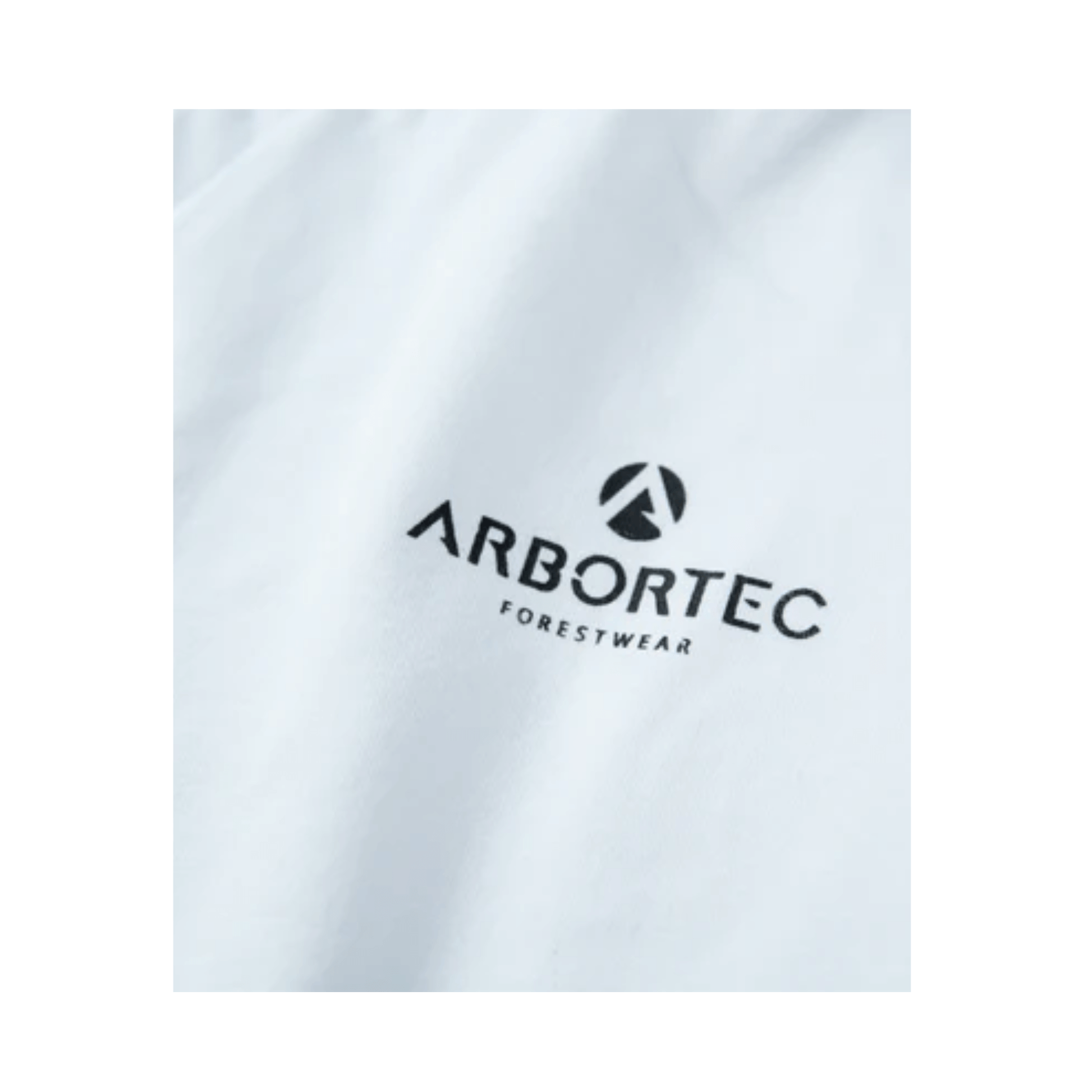Close-up of Arbortec logo on white t-shirt, showcasing premium forestwear for tree surgeons.