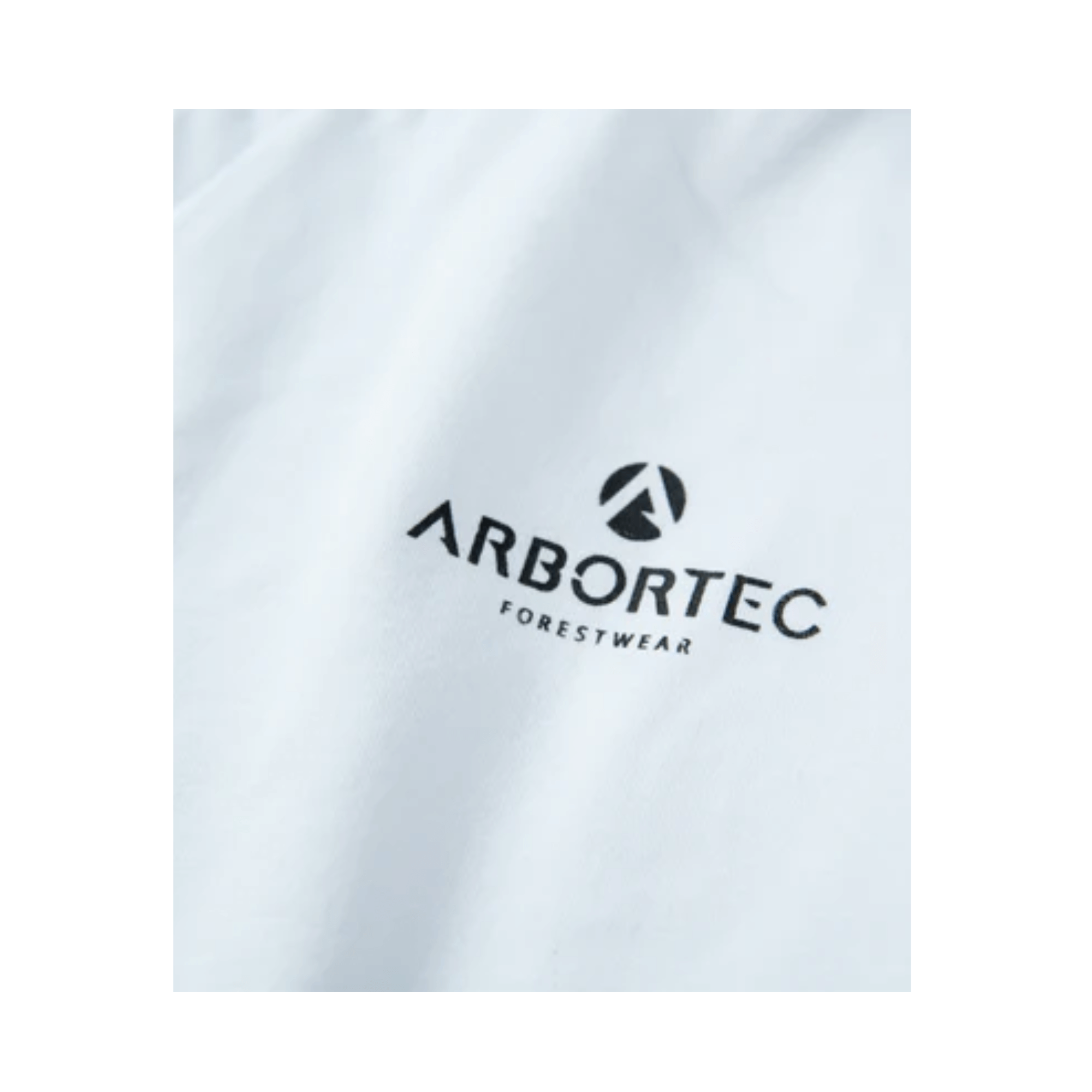 Close-up of Arbortec logo on white t-shirt, showcasing premium forestwear for tree surgeons.