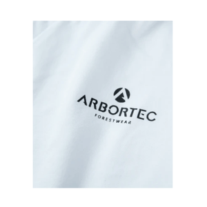 Close-up of Arbortec logo on white t-shirt, showcasing premium forestwear for tree surgeons.