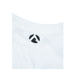 Back view of white short sleeve t-shirt featuring black logo, ideal for tree surgeons and outdoor enthusiasts.