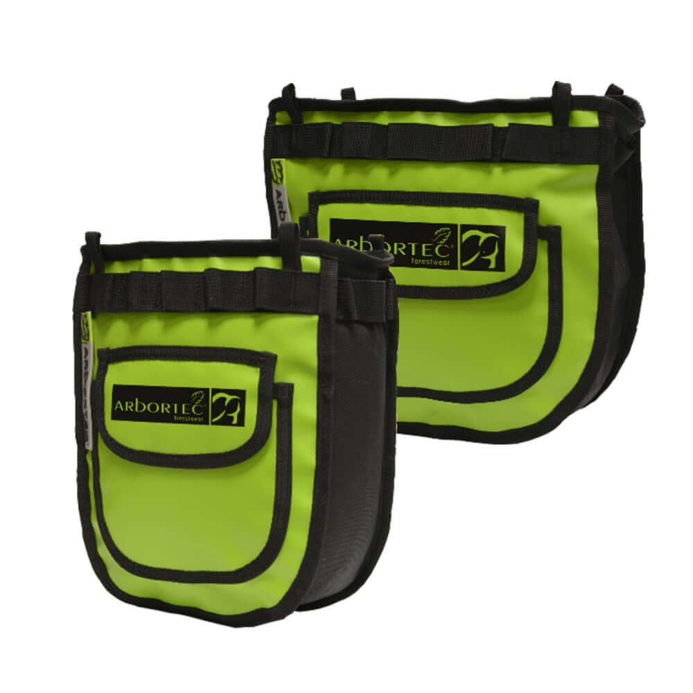 Durable Arbortec tree climbing hip pouch bag in lime green, designed for tree surgeons, featuring easy access and multiple attachment loops.