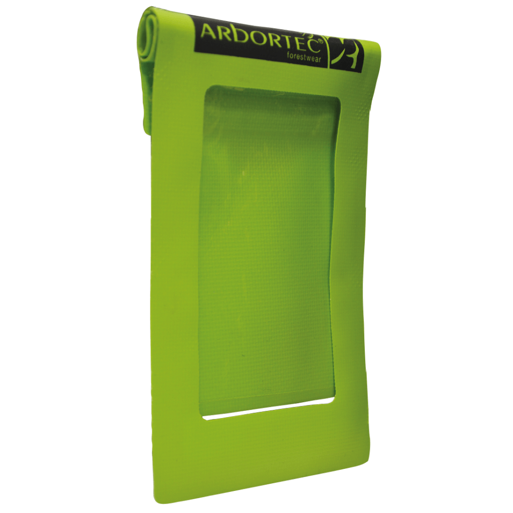Arbortec Waterproof Phone Pouch in vibrant green, designed for outdoor activities and protection from dust and water.