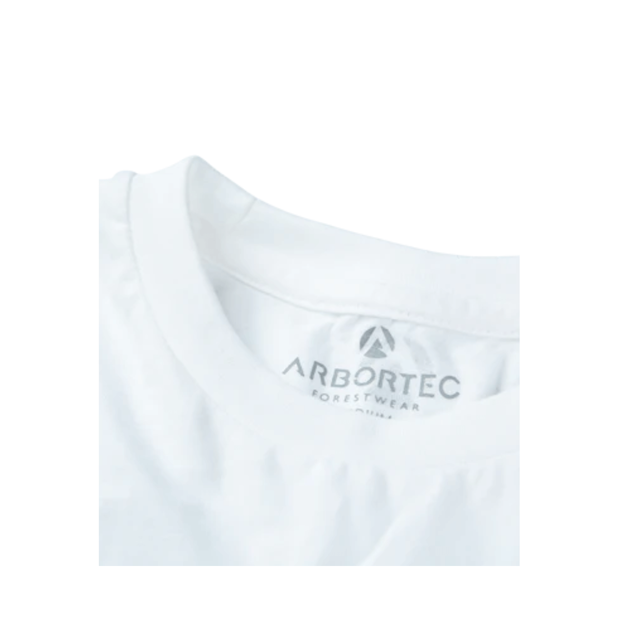 Close-up of Arbortec white short sleeve t-shirt collar, showcasing the brand logo and premium quality fabric.