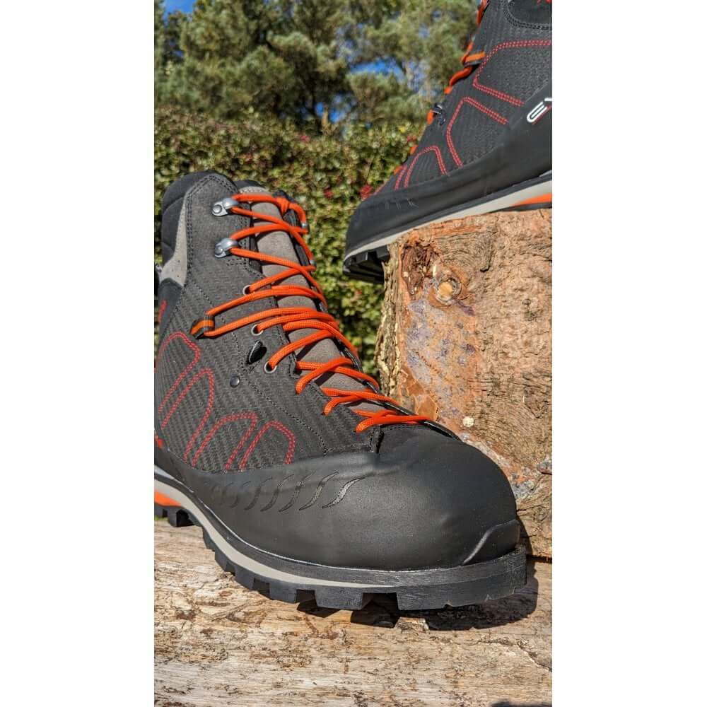 EVO Chainsaw Boots Class 2 with durable design and orange laces, ideal for tree surgeons and arborists.