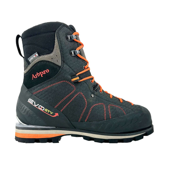 A black and orange Arbpro EVO tree surgery chainsaw boot with lace-up closure and a Vibram sole.