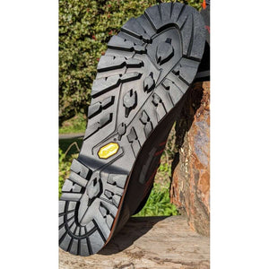 Vibram sole of Arbpro EVO Chainsaw Boots designed for tree surgeons, providing durability and traction in rugged conditions.