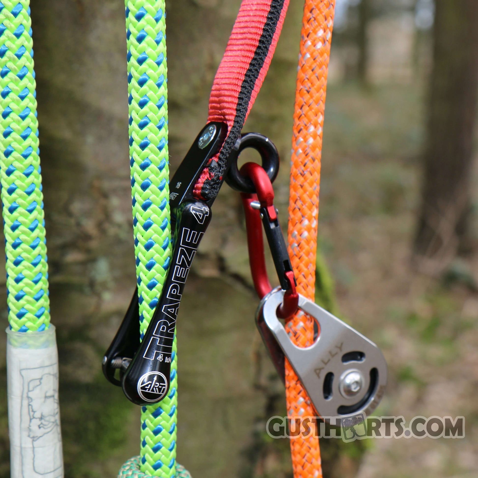 Close-up of ART Trapeze 4 pulley system and colorful ropes for tree surgeons, enhancing canopy navigation.