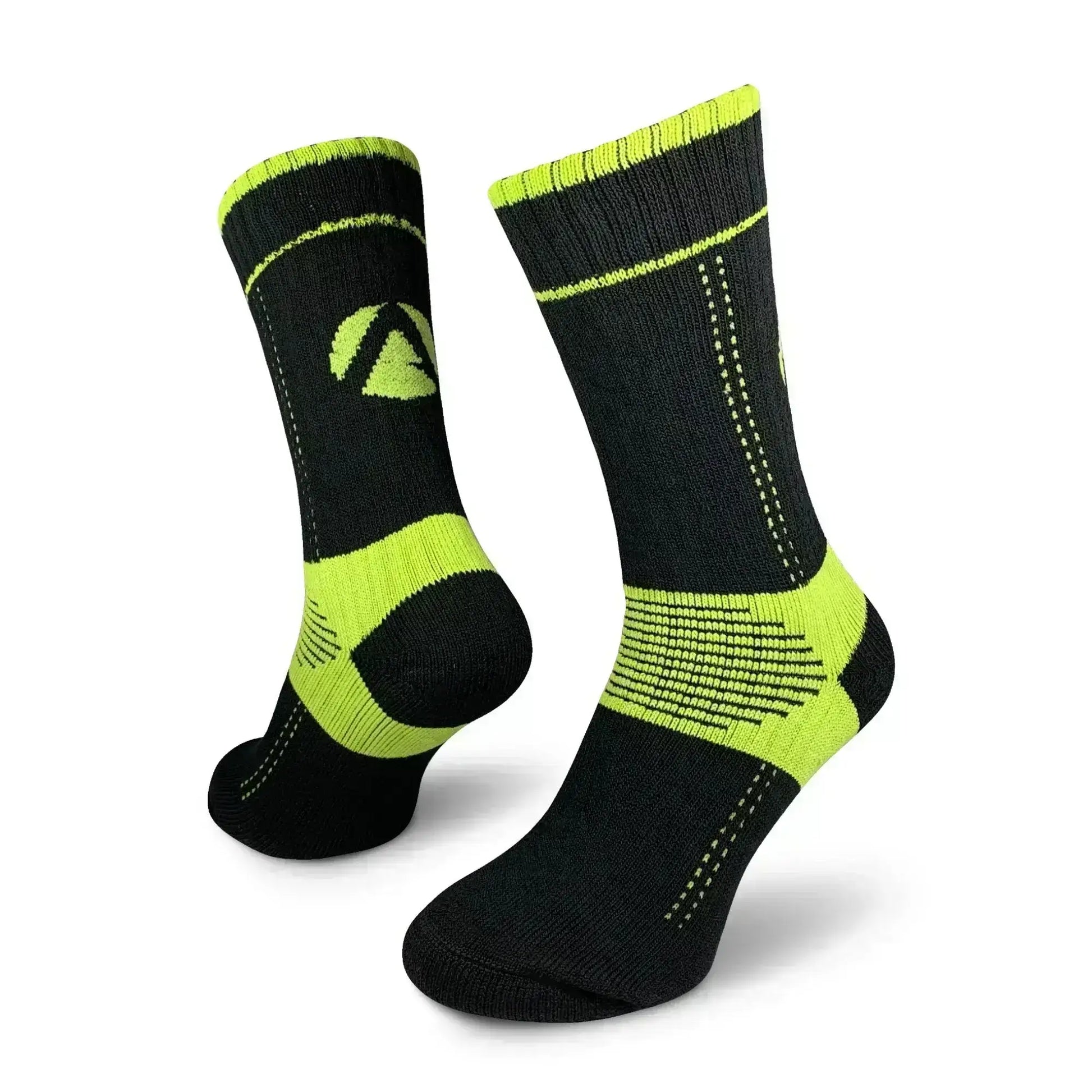 Black and neon green performance socks designed for comfort and durability during sports and outdoor activities.