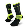 Black and neon green performance socks designed for comfort and durability during sports and outdoor activities.