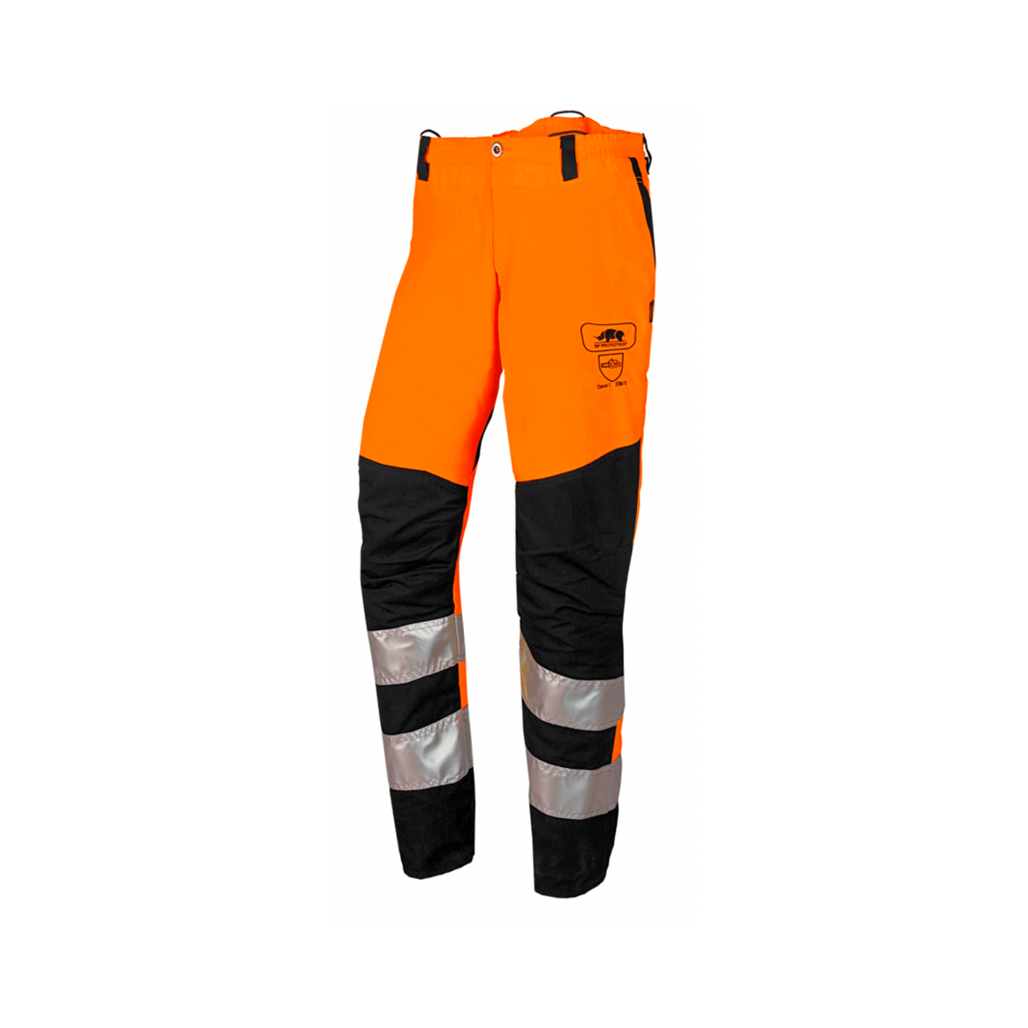 High visibility orange chainsaw trousers for tree surgeons, featuring reflective stripes and Class 1 Type A protection.