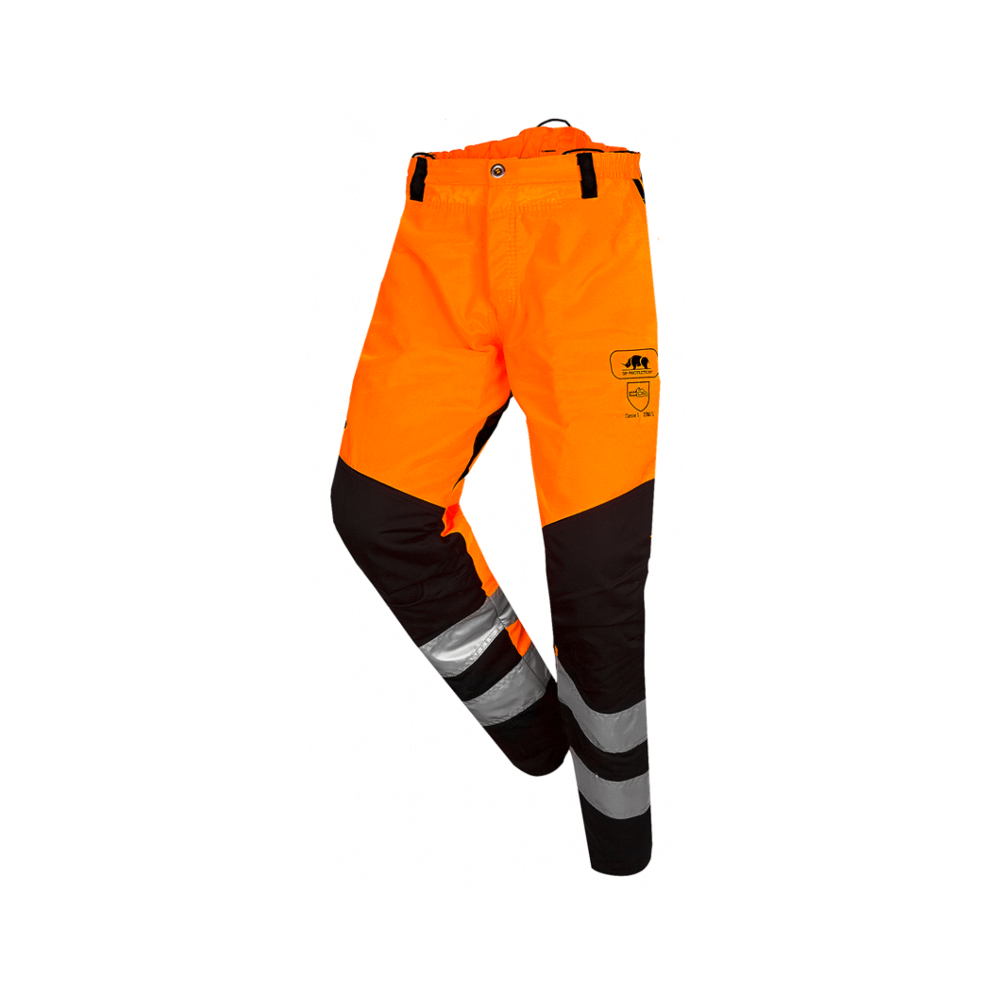 BasePro Hi Viz Orange Chainsaw Trousers Type A for tree surgeons, offering safety and visibility in forestry work.
