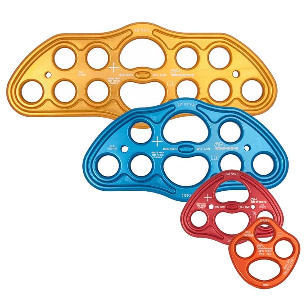 DMM Bat Rigging Plates in gold, blue, and red for tree surgeons, showcasing strength and versatility in rigging.