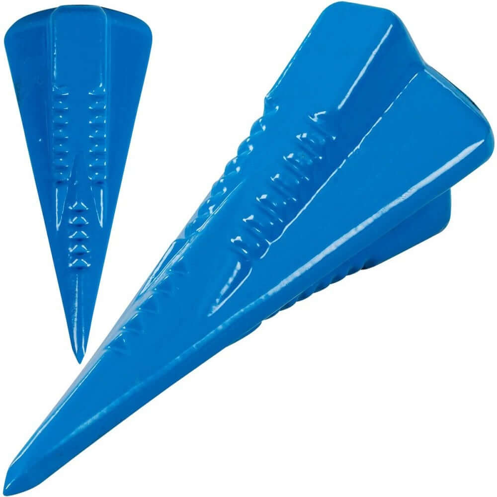 Blue log splitter wedges designed for efficient wood splitting, ideal for tree surgeons and firewood preparation.