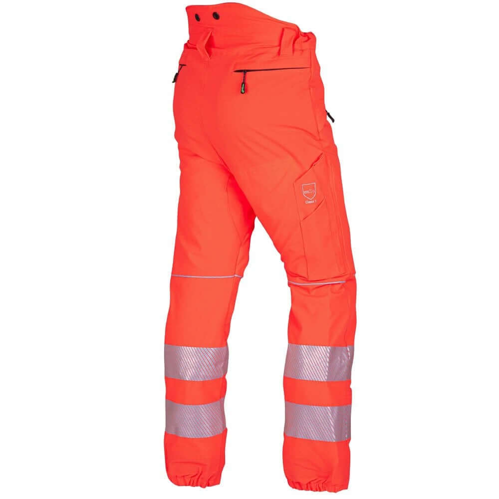 Breatheflex Hi-Vis Orange chainsaw trousers, Class 1 design for tree surgeons, ensuring safety and mobility in tree care.