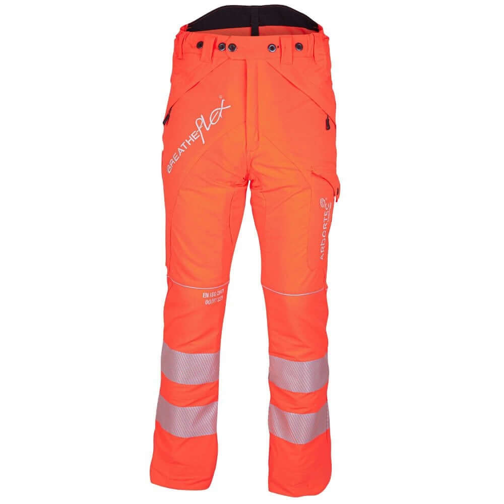 Breatheflex Chainsaw Trousers in Hi Viz Orange, designed for tree surgeons, offering safety and comfort with high-tenacity construction.