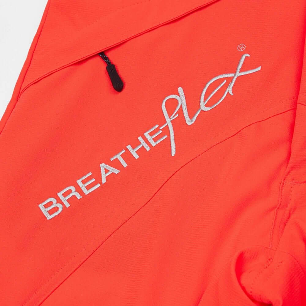 Close-up of Breatheflex logo on Hi Viz orange chainsaw trousers for tree surgeons.