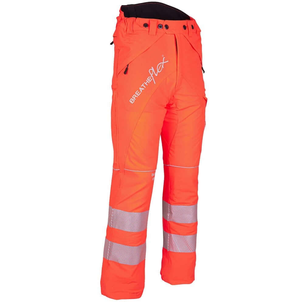 Breatheflex Chainsaw Trousers Design C Class 1 in Hi Viz Orange for tree surgeons, featuring reflective stripes for safety.