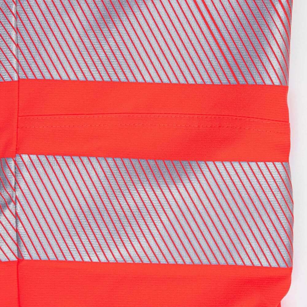 Close-up of reflective stripes on Breatheflex Chainsaw Trousers in Hi-Vis Orange, ideal for tree surgeons.