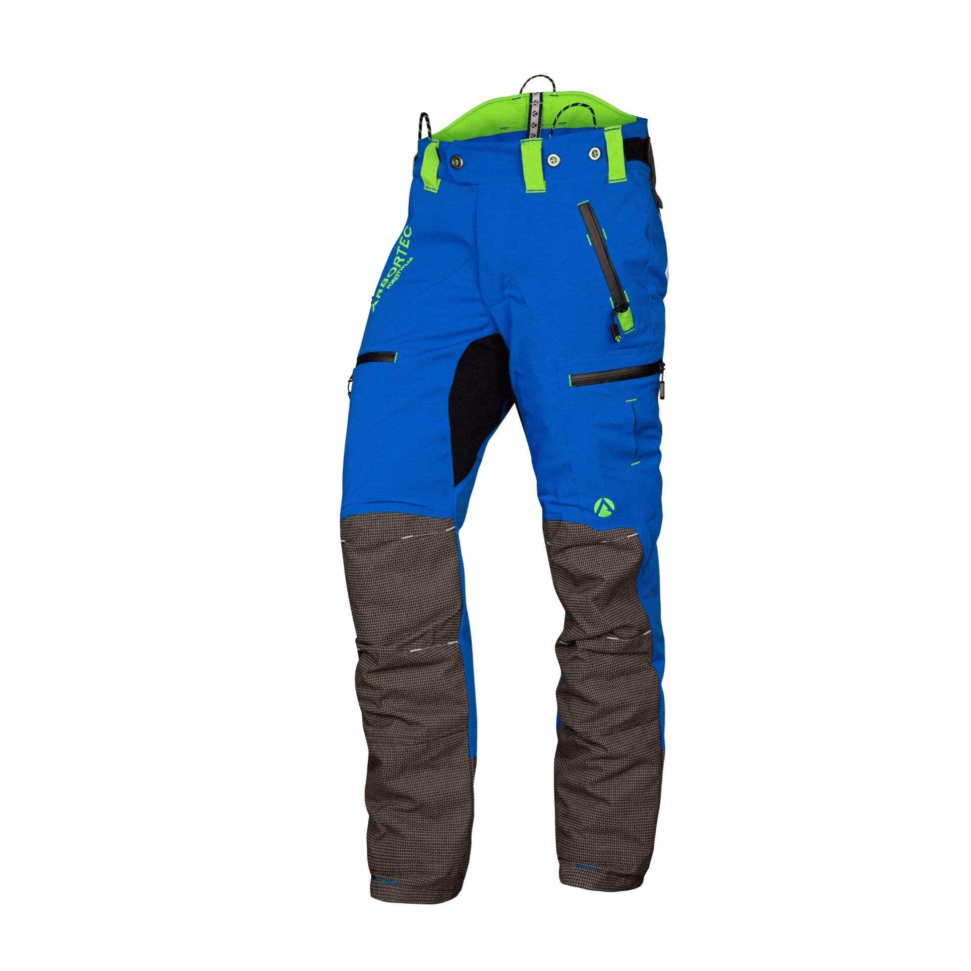 Breatheflex Pro Chainsaw Trousers in blue for tree surgeons, featuring durable Dyneema fabric for protection and comfort.