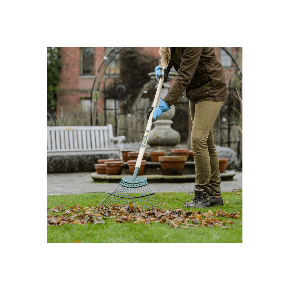 Person using a 20 tine Springbok lawn rake to clear leaves from a garden, showcasing durable gardening tools.