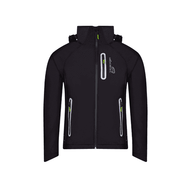 Caiman Breathedry Softshell Jacket in black with removable hood and pockets, ideal for tree surgeons and outdoor enthusiasts.