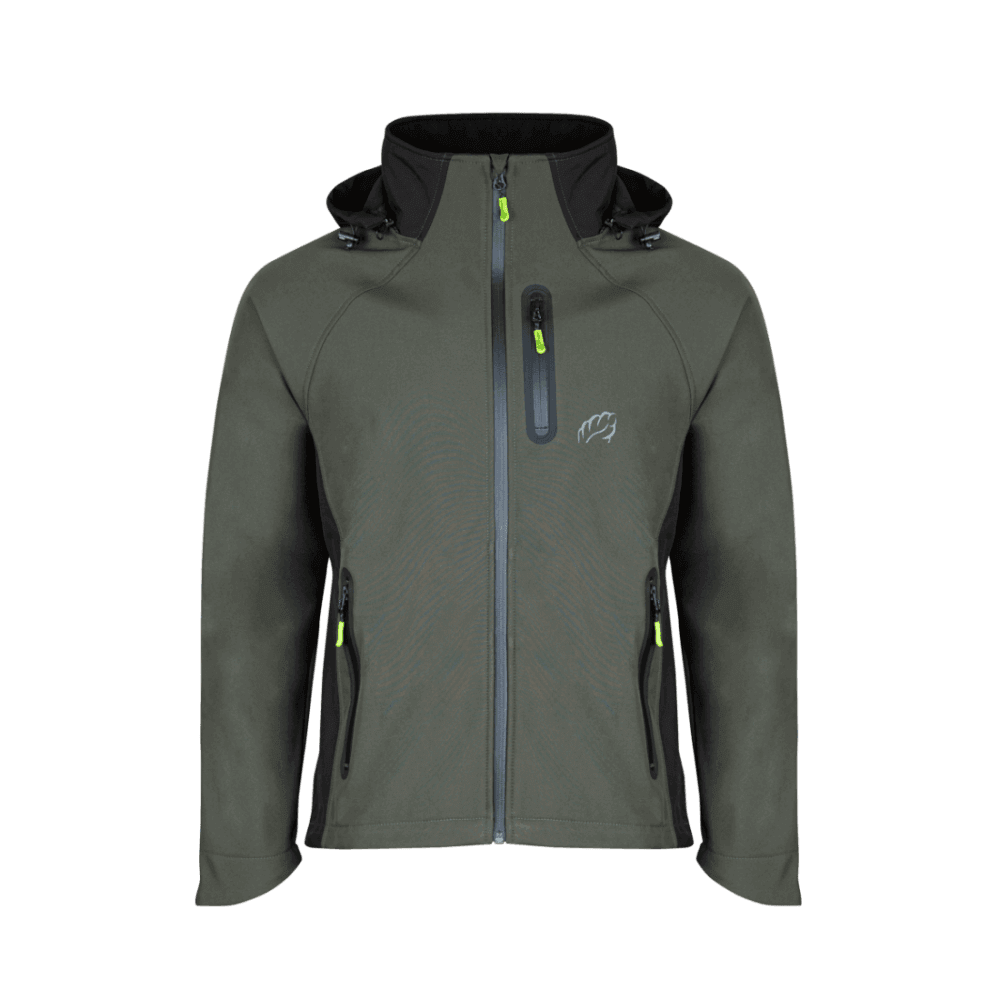 Caiman Breathedry Softshell Jacket in green, ideal for outdoor enthusiasts and tree surgeons, featuring removable hood and pockets.