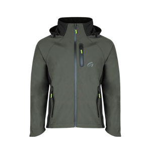 Caiman Breathedry Softshell Jacket in green, ideal for outdoor enthusiasts and tree surgeons, featuring removable hood and pockets.