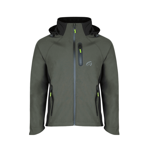 Caiman Breathedry Softshell Jacket in green, ideal for outdoor enthusiasts and tree surgeons, featuring removable hood and pockets.