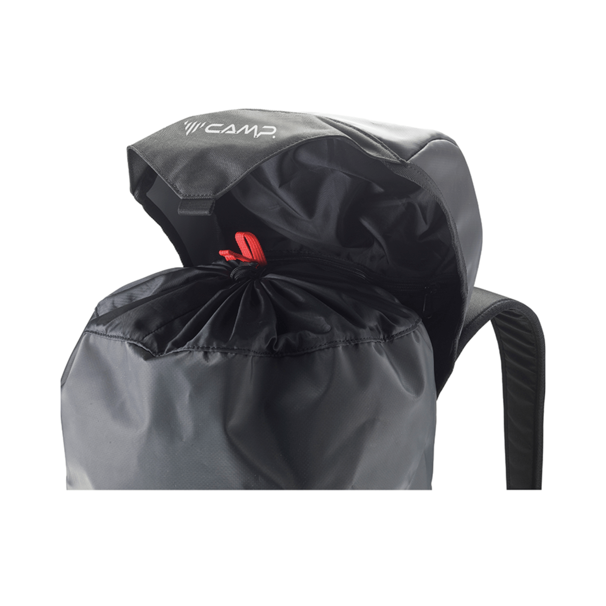 Top view of CAMP CARGO 40 Black Backpack showcasing its robust interior, designed for tree surgeons and outdoor enthusiasts.