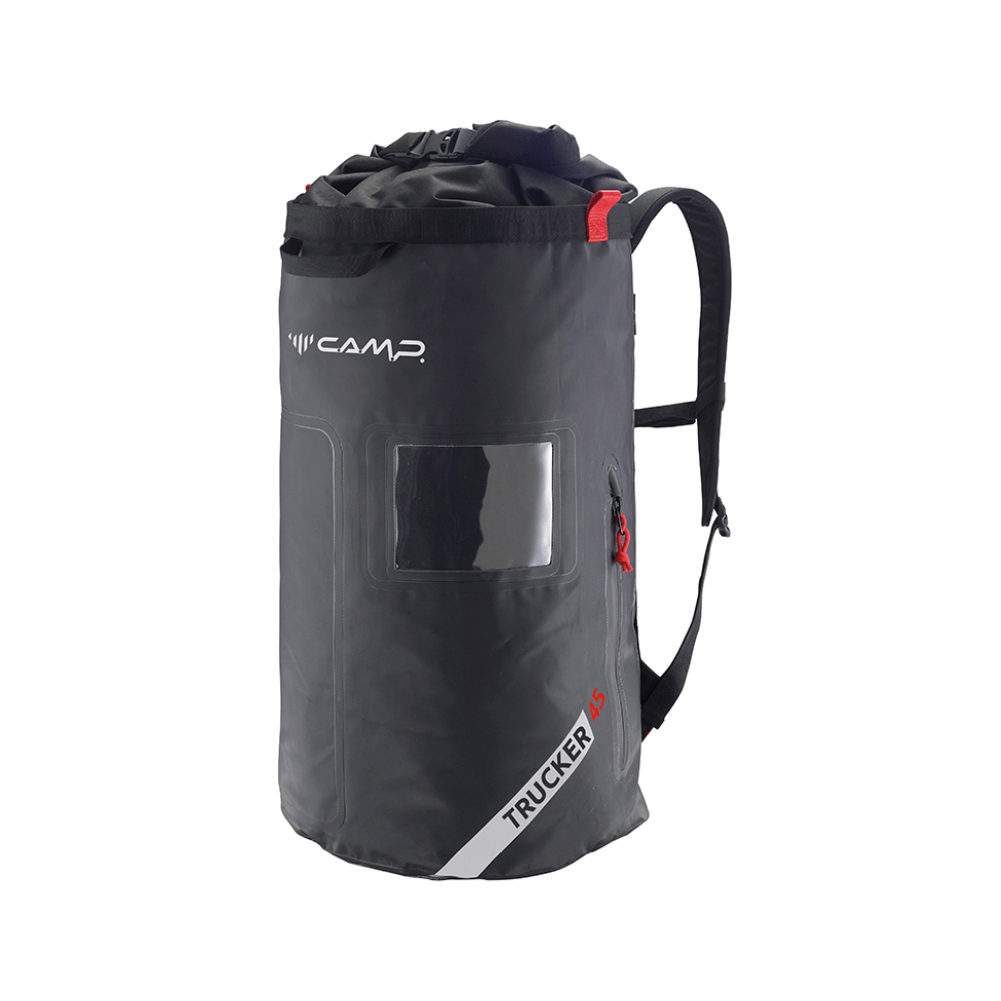 CAMP TRUCKER 45L Roll Top Backpack in black, designed for tree surgeons and outdoor adventures, showcasing heavy-duty durability.