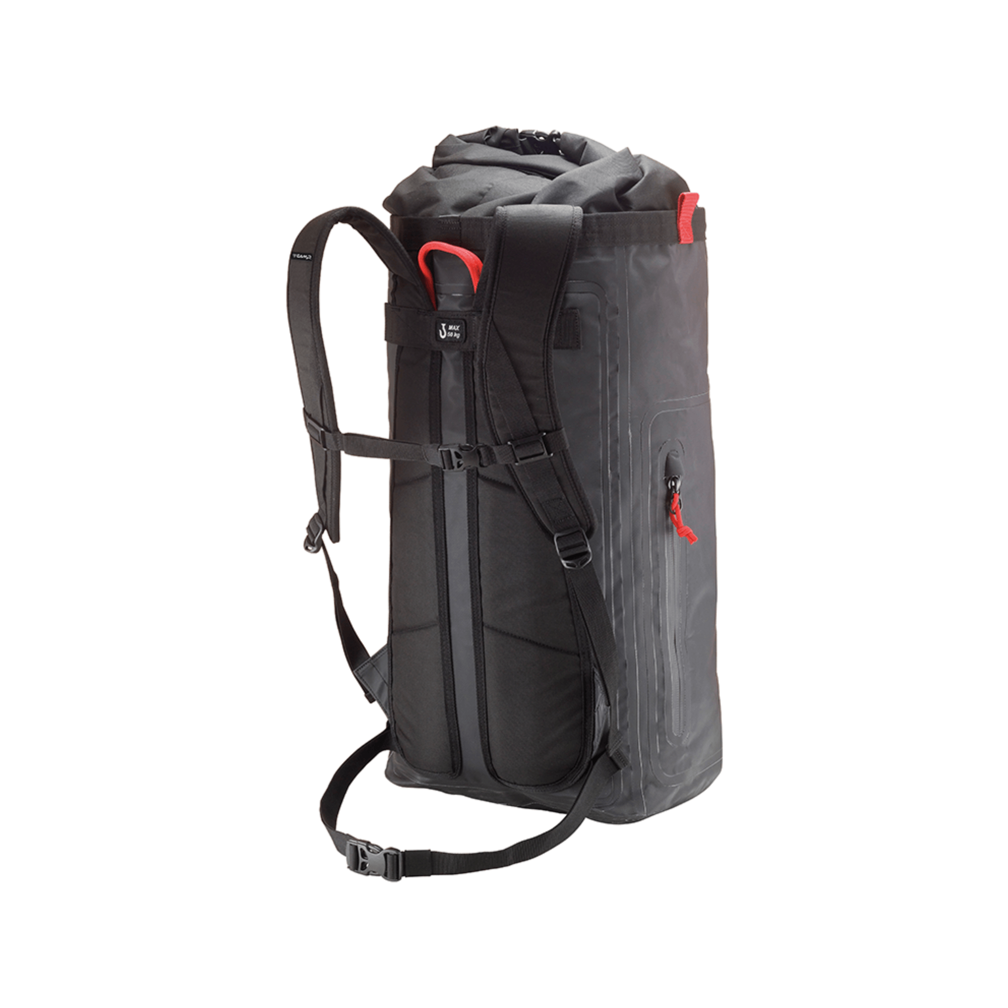 Camp Trucker 45L Roll Top Backpack in black for arborists and outdoor adventures, featuring durable design and practical straps.