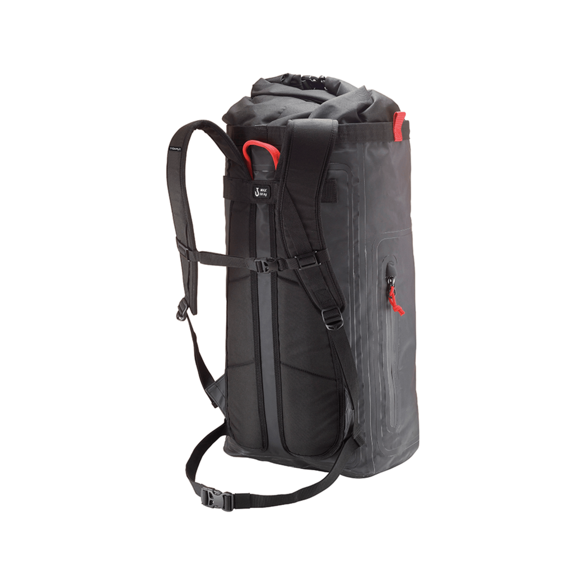 Camp Trucker 45L Roll Top Backpack in black for arborists and outdoor adventures, featuring durable design and practical straps.