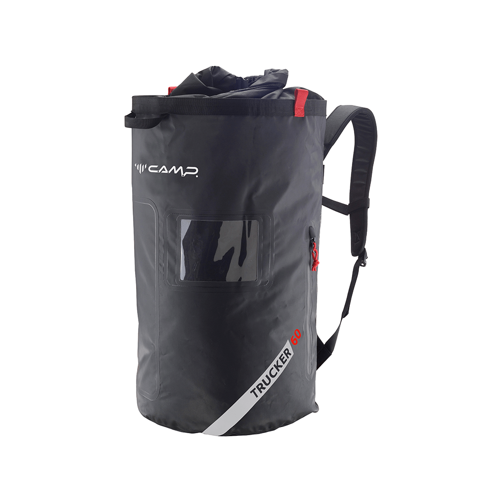 CAMP TRUCKER 60 Roll-Top Backpack, heavy-duty waterproof gear bag for tree surgeons and outdoor adventures.