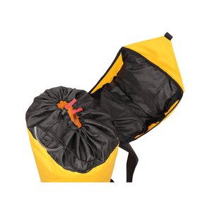 Open CAMP CARGO 40L Yellow Backpack showing black interior, designed for tree surgeons and outdoor professionals.