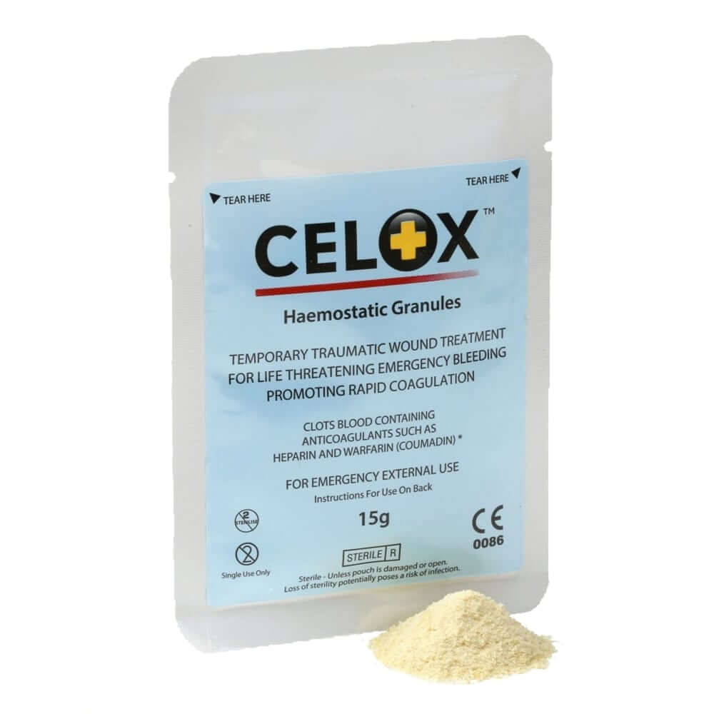 Celox Haemostatic Granules 15gm package for emergency bleeding treatment, used by Tree Surgeons and outdoors.