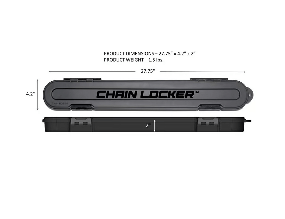 Chain Locker® dimensions and weight, ideal storage for chainsaw chains. Perfect for tree surgeons.