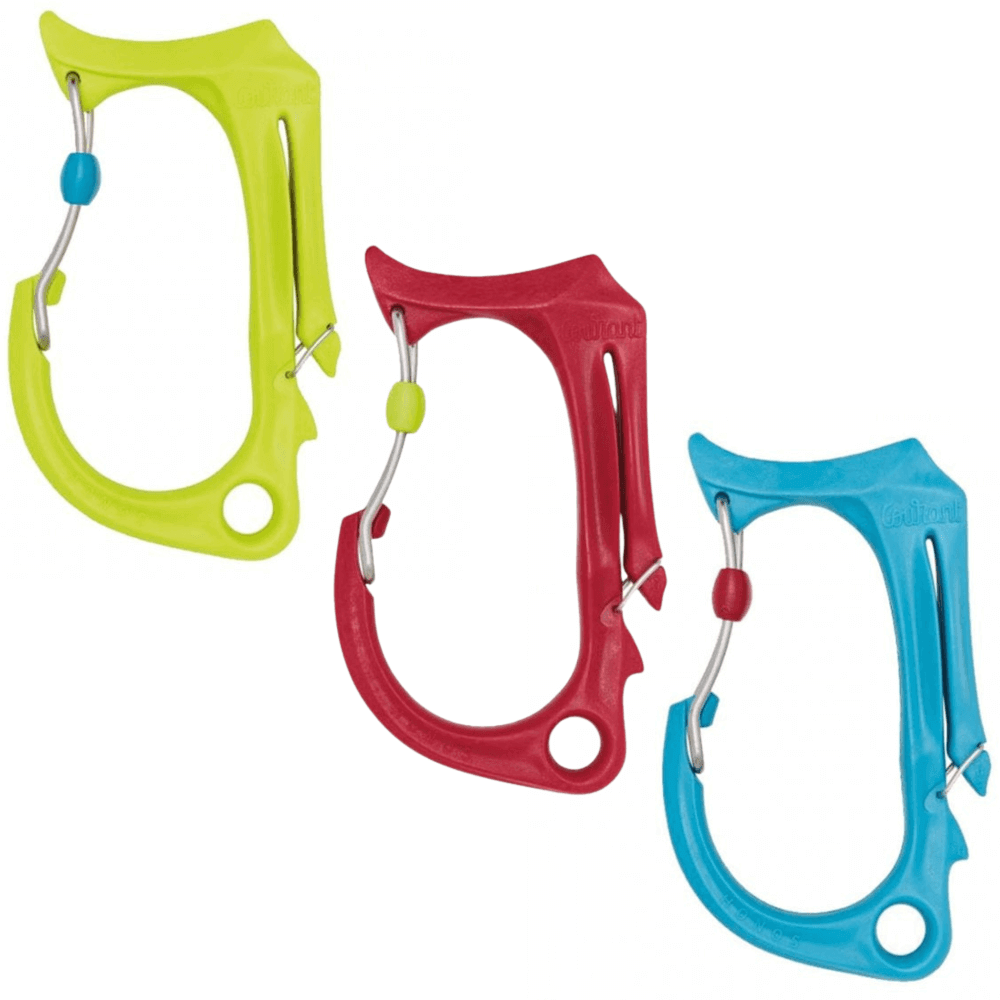 Set of three Honos Tool Carry Clips in yellow, red, and blue for secure tool carrying by tree surgeons.