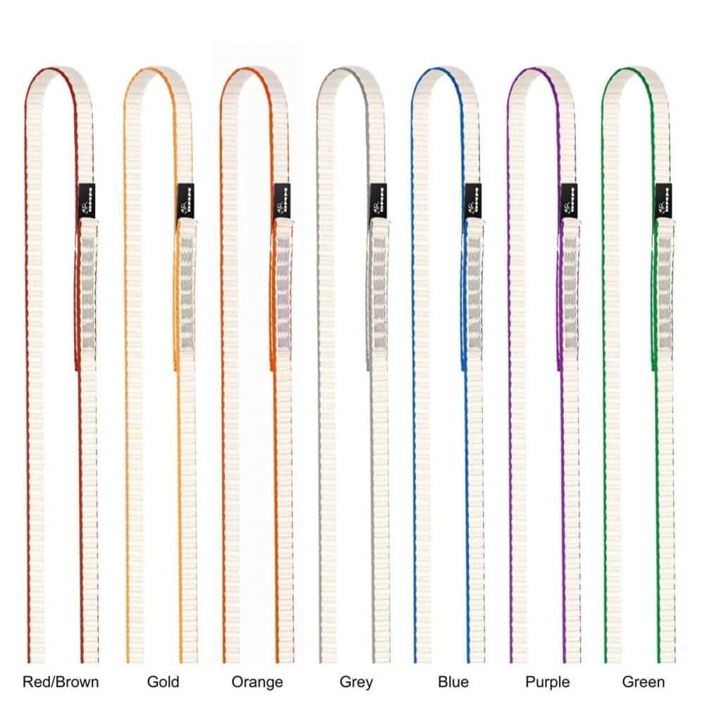 Colorful DMM 11mm Dyneema rope slings in various colors for climbing applications, ideal for tree surgeons.