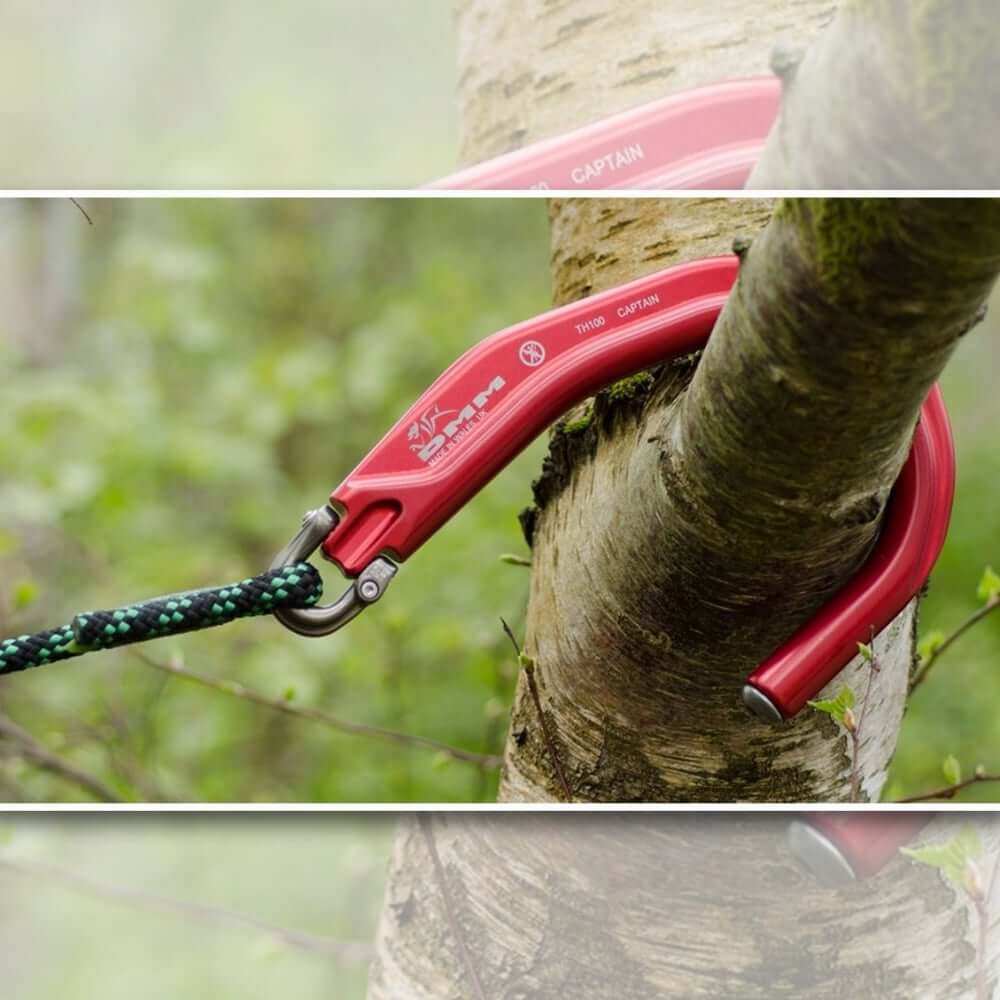 DMM Captain Throwing Hook securely attached to a tree, ideal tool for tree surgeons and rescue teams.