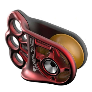 DMM Hitch Climber Eccentric Pulley designed for tree climbers, featuring a red and black design for enhanced safety.