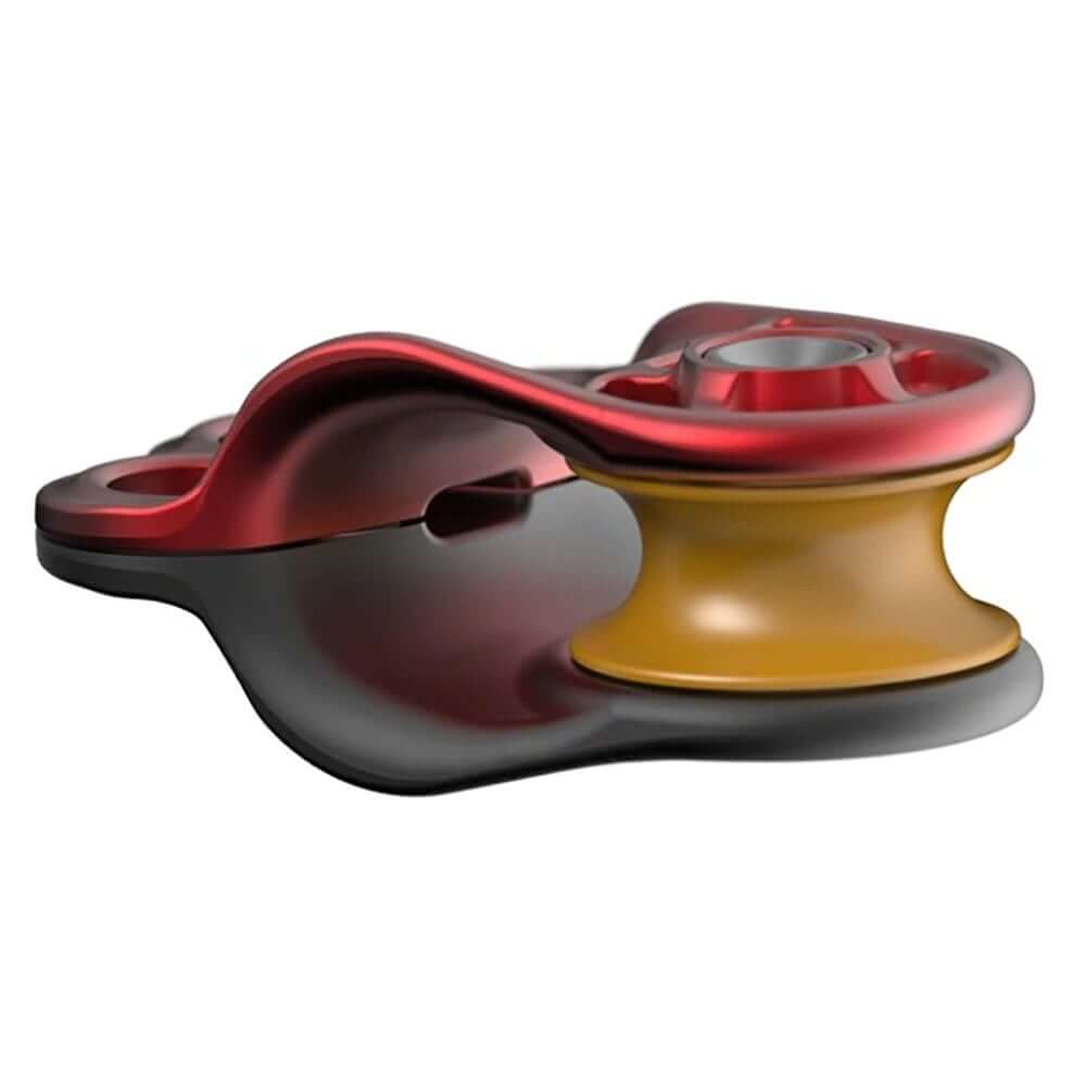DMM Hitch Climber Eccentric Pulley in red and gold, ideal for tree surgeons and climbing enthusiasts.